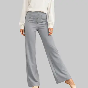 Women's High Waisted Straight Leg Pants Button Down Stretchy Business Work Trousers with Multiple Pockets Elegant Bottoms Thin Casual Comfy Baggy Grey