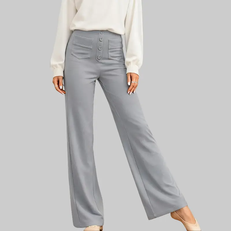 Women's High Waisted Straight Leg Pants Button Down Stretchy Business Work Trousers with Multiple Pockets Elegant Bottoms Thin Casual Comfy Baggy Grey