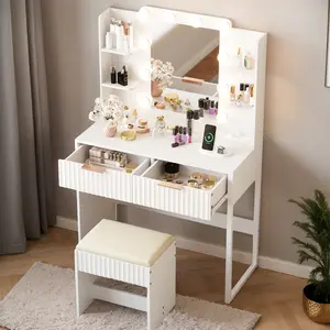White Vanity Table Set for Bedroom or Dressing Area – Large Storage with 2 Drawers & 4-Tier Shelf, Dimmable LED Lights & Built-in Power Strip
