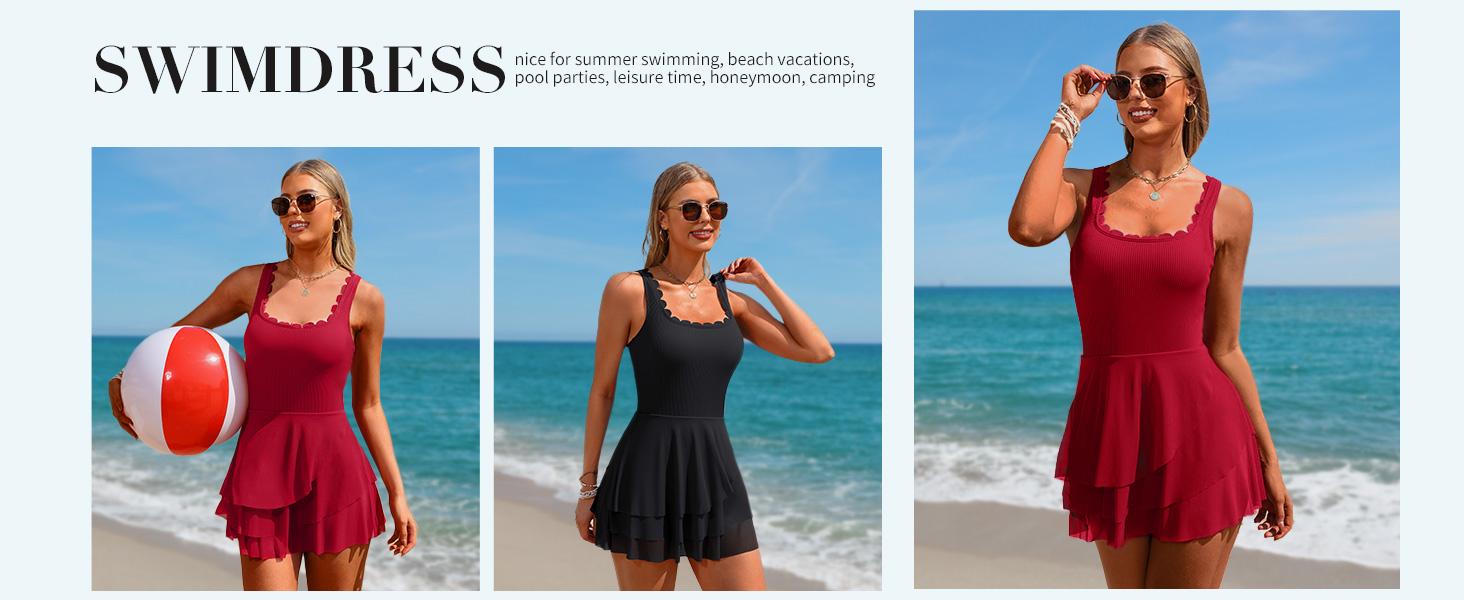 Charmo Women One Piece Swim Dress  Full Coverage Bathing Suit Mesh Sheer Swim Skirt Swimwear Tummy Control Swimsuit