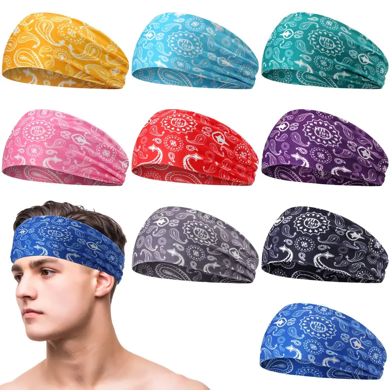 Men's Camo Wide Sweat-Absorbing Headband Bandanna Style 4.7x9.8 Inch For Basketball Football Cycling 9 Styles Polyester Spandex Comfortable One Size Fits Most 9 Pieces Pack