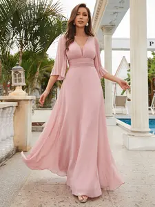 Pure Color V Neck Pleated Seven-Quarter Sleeve Waist Cinched Chiffon Maxi Dress, Formal Evening Party Gown, Elegant Ballgown Style
