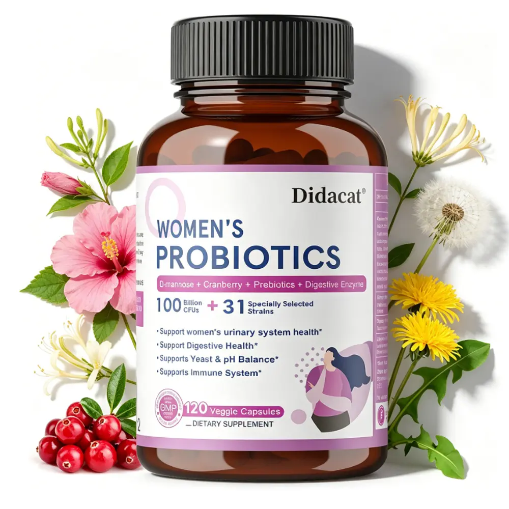 Didacat Women's Organic Dietary Supplement - 100B CFUs Probiotics with Cranberry & D-Mannose, Vitamin-Infused for Urinary Tract & pH Balance, Daily Gut Balance, Gut Support, Bloated Stomach Relief for Adults, 120 Veggie Capsules, Bottle, 100 Billion Cfus
