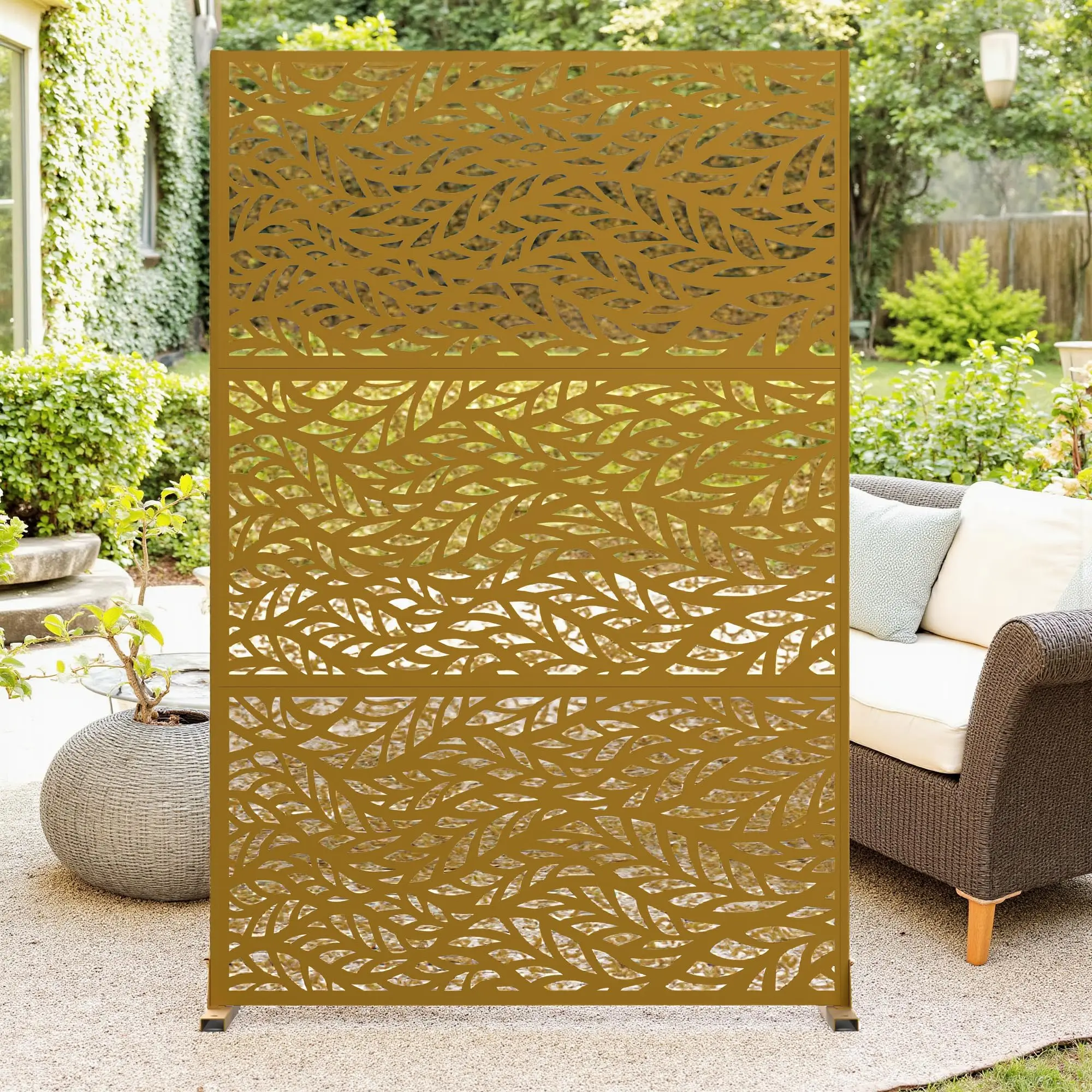 GARVEE Outdoor Metal Privacy Screen 72" H x 47" W, Freestanding Decorative Fence and Room/Garden Divider with Stand, Weather-Resistant Privacy Screens and Panels for Patio Lawn Garden Deck Balcony, 3-Panel