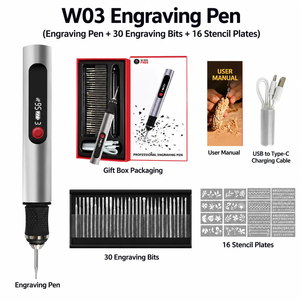 Cordless Rechargeable Engraving Pen Kit - 5-Speed Etching/Carving Tool for Wood/Metal, 30 Bits+Stencils (16 Sheets), Lightweight Portable Electric DIY Craft Gadget with USB Cable, Manual, Rechargeable Battery