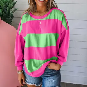 Light Green Colorblock Striped Drop Shoulder Loose Top