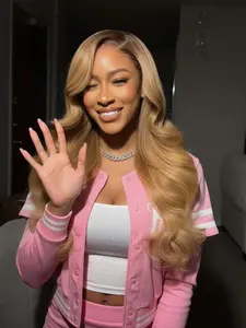 28 Inch Long Body Wave Blonde Wig, Honey Golden Natural Curly Wavy Lace Frontal, Pre-Plucked Hairline, Heat Resistant Fiber, Synthetic Lace Wig