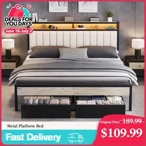 [DealsForYouDays] VanAcc Bed Frame with LED Light and 2 Storage Drawers, Metal Platform Bed with Storage Headboard, Velvet Upholstered, Heavy-Duty Slats, No Box Spring Needed, Easy Assembly