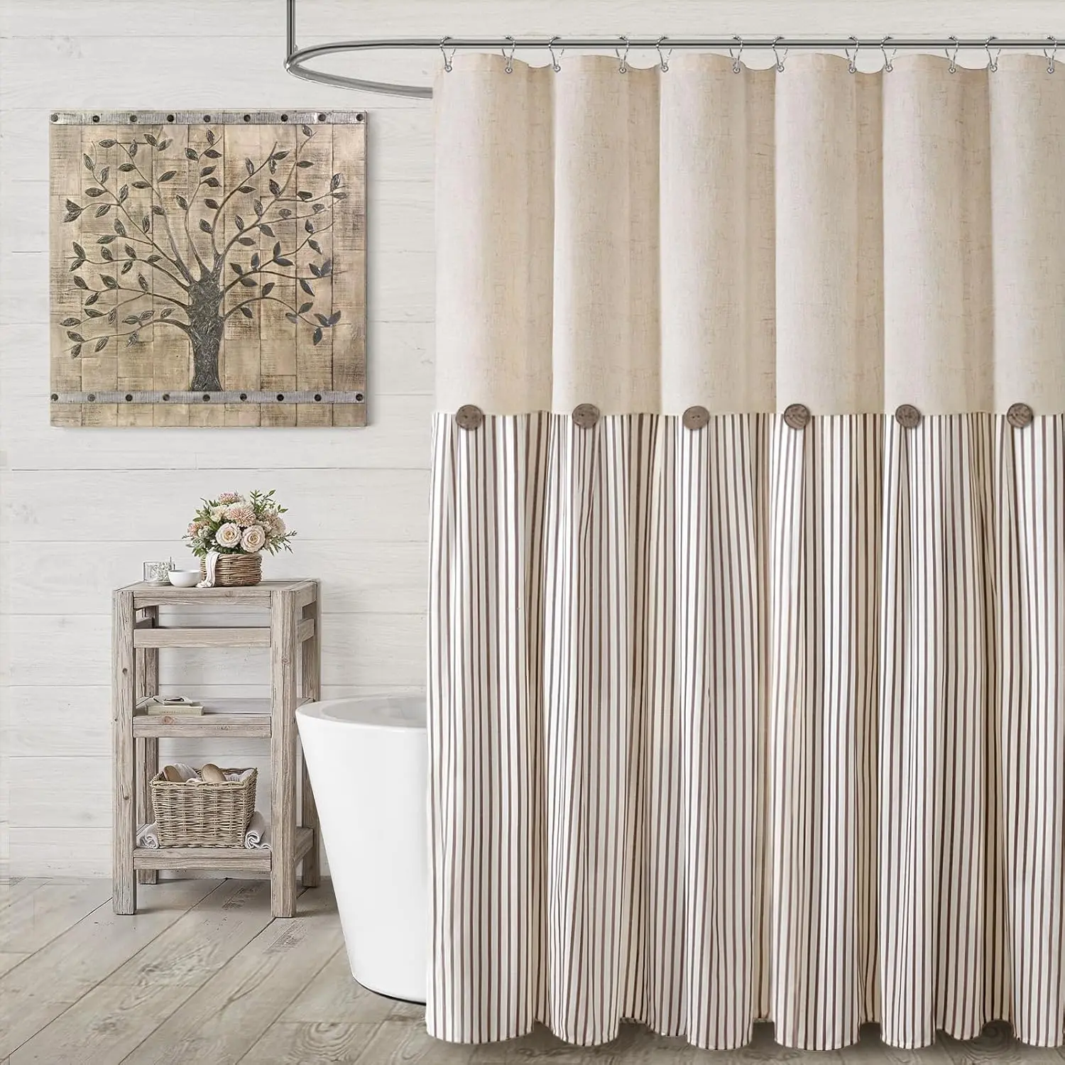 Farmhouse Shower Curtain for Bathroom - 72" W x 72" L Linen Cream & Black Button-Woven, Pleated Brown Stripe, Country Rustic Western Style Single Set, Machine Washable Indoor Bath Home Decor, Farmhouse Shower Curtains For Bathroom