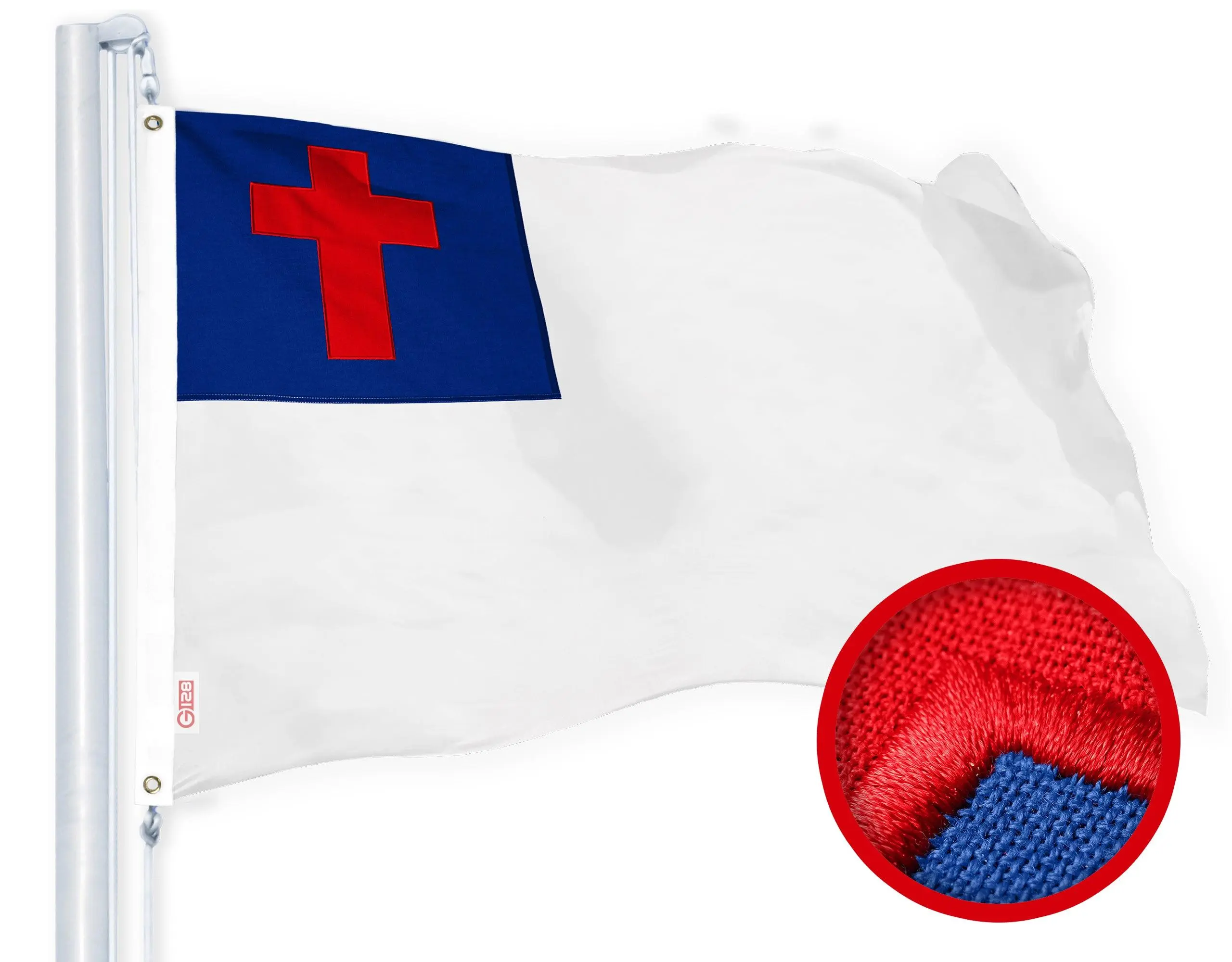 G128 Christian Flag | 3x5 Ft | Embroidered 220GSM Spun Polyester - Embroidered Stars, Sewn Stripes, Brass Grommets, Indoor/Outdoor, Vibrant Colors, Heavy Duty Spun Polyester