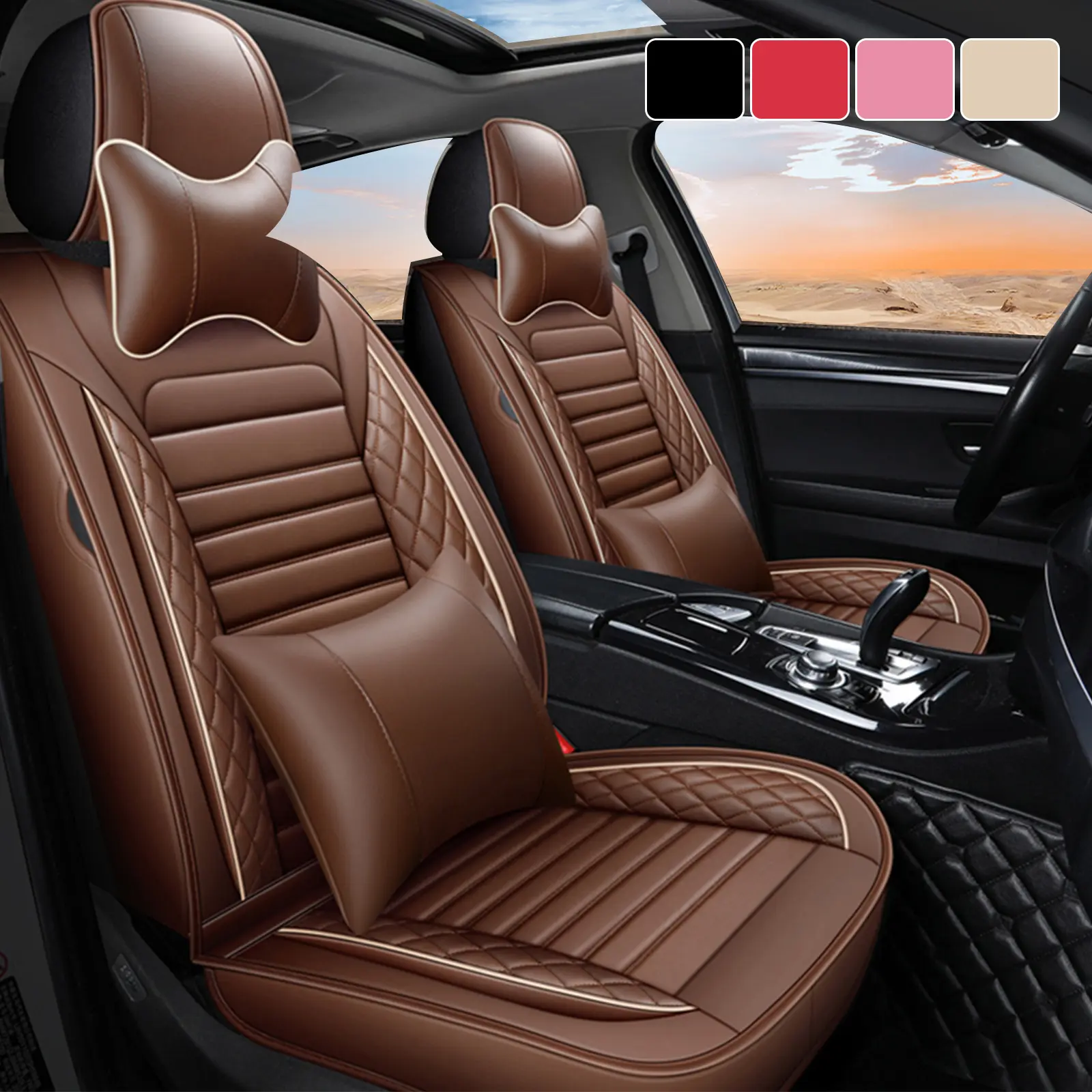 OTOEZ 5PCS Waterproof PU Leather Full Set Car Seat Covers - Lumbar Support, Airbag Compatible, Deep Storage Bag, Car Interior Decor for Most Sedans, SUVs Accessories