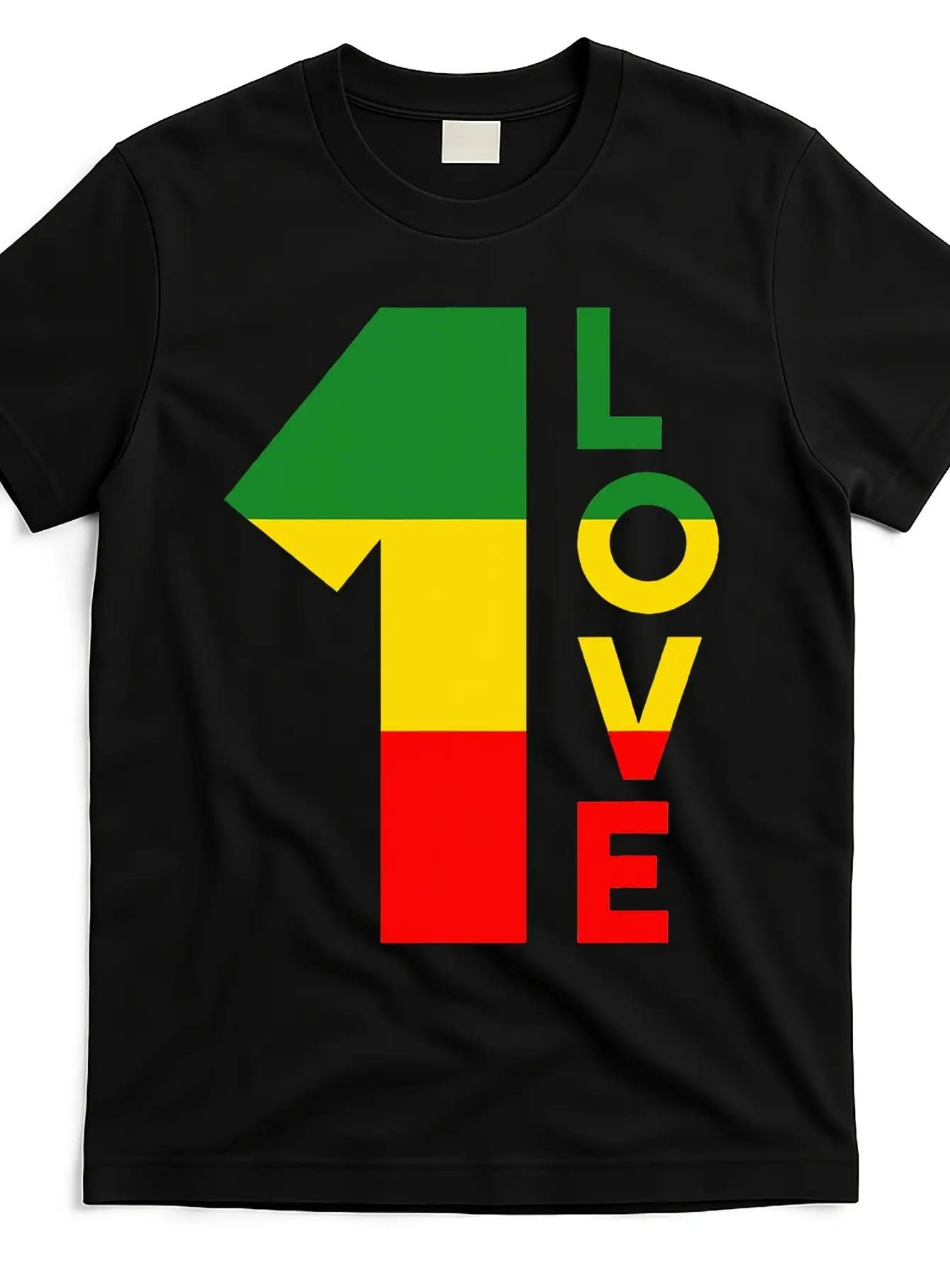 Men's '1 Love' Print T-Shirt, Casual Reggae Rasta Graphic Short-Sleeve Top in Heavyweight 220g Soft Cotton, Shortsleeve, Classic, Casual Wear, Graphic Tees, Round Neck