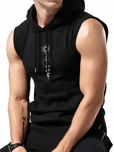 Men's Geometric Pattern Fitted Hoodie Vest, Casual Streetwear Sleeveless Top, Design, Ideal for Daily Wear & Stylish