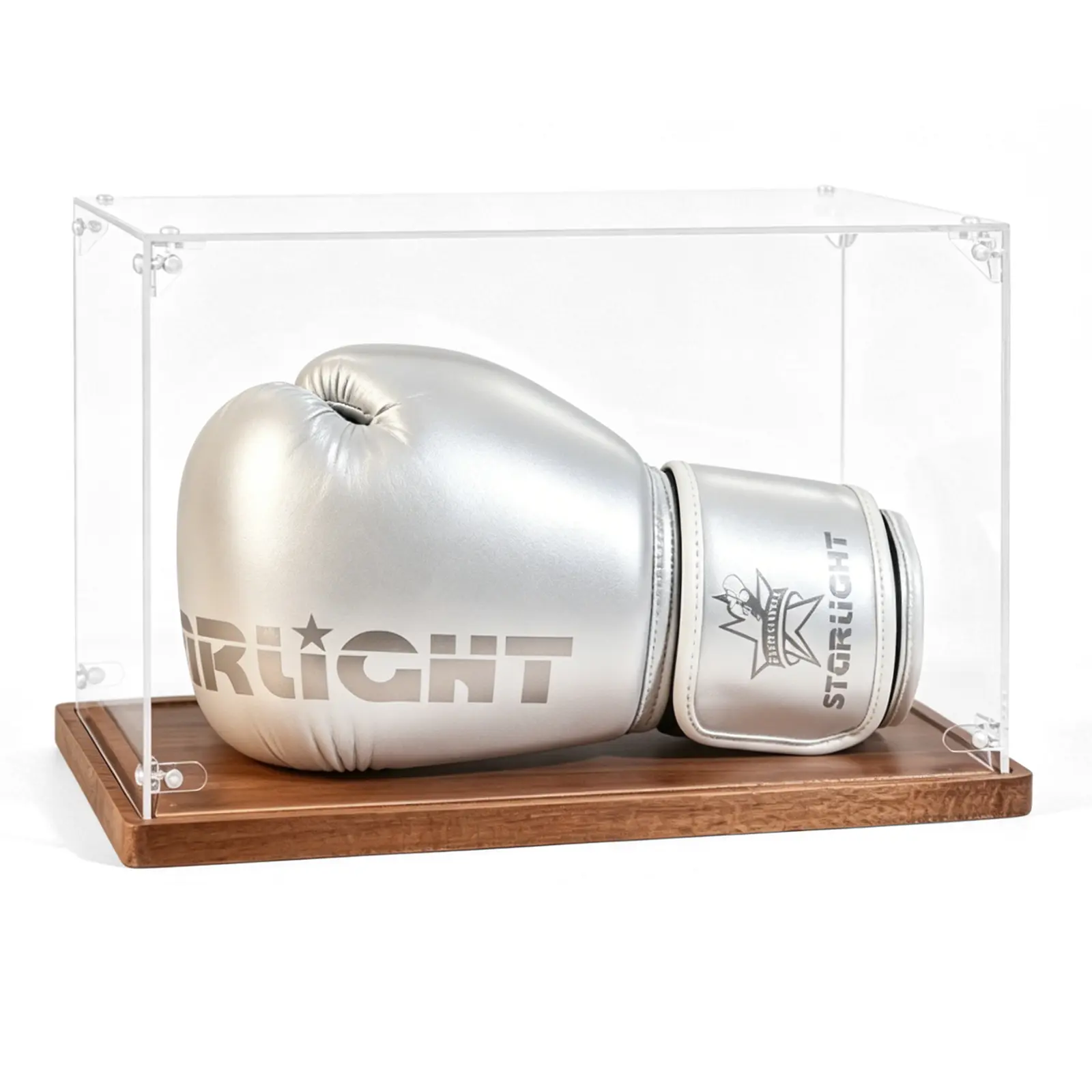 Boxing Glove Display Case – Clear Acrylic Showcase with Wooden Base – Single Glove Collector Display Box for Sports Memorabilia & Gift Use