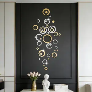 72pcs gold and silver hollow circular acrylic Reflective mirror wall stickers, Hollow Design, suitable for home decoration, living room, bathroom, bedroom background wall decoration, home decoration lintel decoration, DIY detachable wall stickers