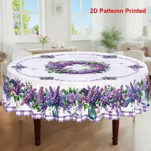 1pc, Spring Summer Themed Party Tablecloth, Buffalo Check Butterfly Lilac Hydrangea Floral Printed Design, Rectangular/Round/Oval Table Cloth, Embossed Edge, Suitable For Indoor Outdoor Dining Picnic Dinner Dining Room Decoration