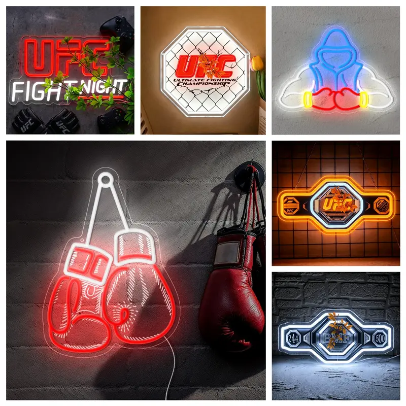 UFC LED Neon Sign Fight Night Logo Light Up Sign Boxing Gym Decor Fighting Sport Wall Art Man Cave Neon Light for Home USB Powered Dimmable Gift for Boxing Lover