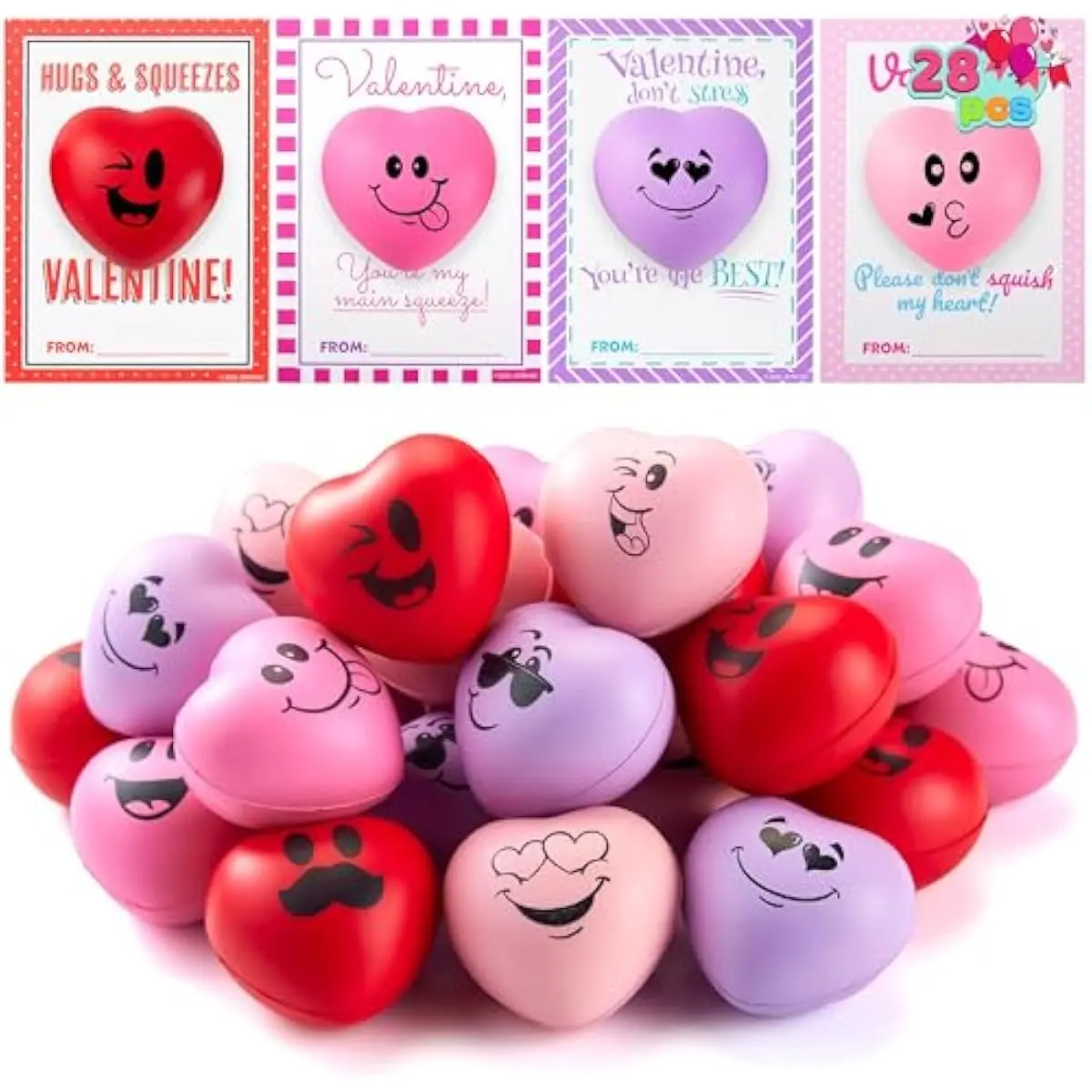 28 Pcs Valentines Day Heart Shape Stress Ball with Cards Stress Relief Fidget Toy for Valentine Party Favors, Classroom Prize Supplies, Valentines Greeting Cards, Valentine Exchange Gifts