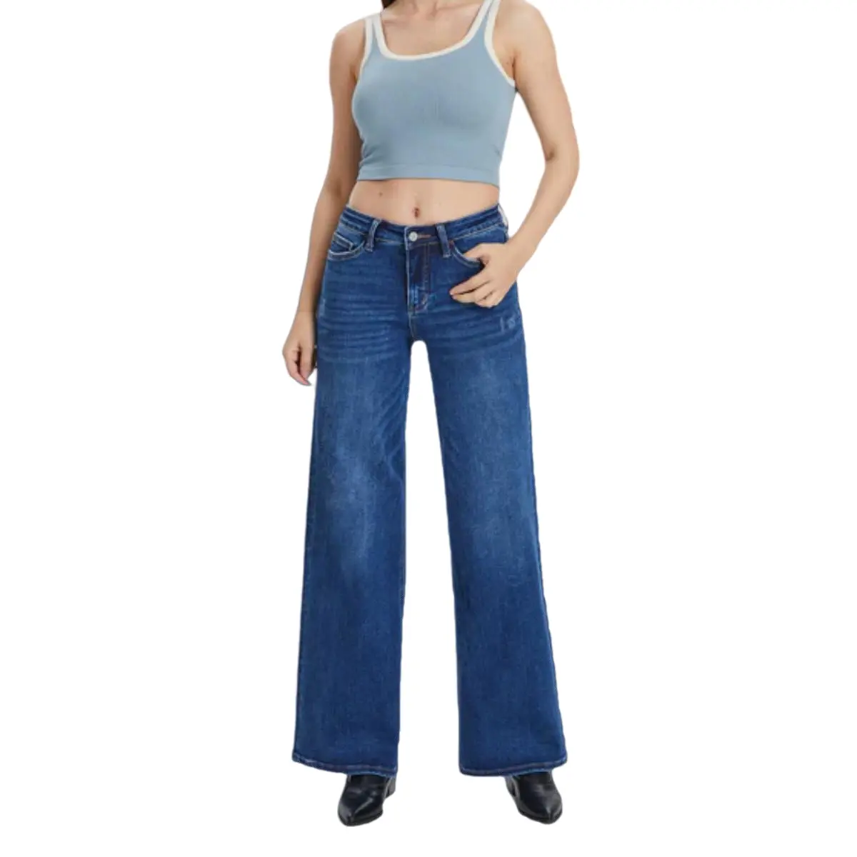 ONESO Women's Mid-Waist Stretchy Wide Leg BBL Jeans - Streetwear Bottoms with Pockets, Plus Size Denim Trousers, Lifts the Booty, Casual Minimalist, Halloween/Christmas Wear, All Seasons, Hand Wash Only