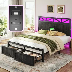 Raybee LED Bed Frame with Charging Station & 2 Drawers, No Mattress, Farm Style Full Queen King Size Bedframe with Headboard & 2 Wooden Drawers, Noise Free, Holds 900lbs, No Box Spring Needed