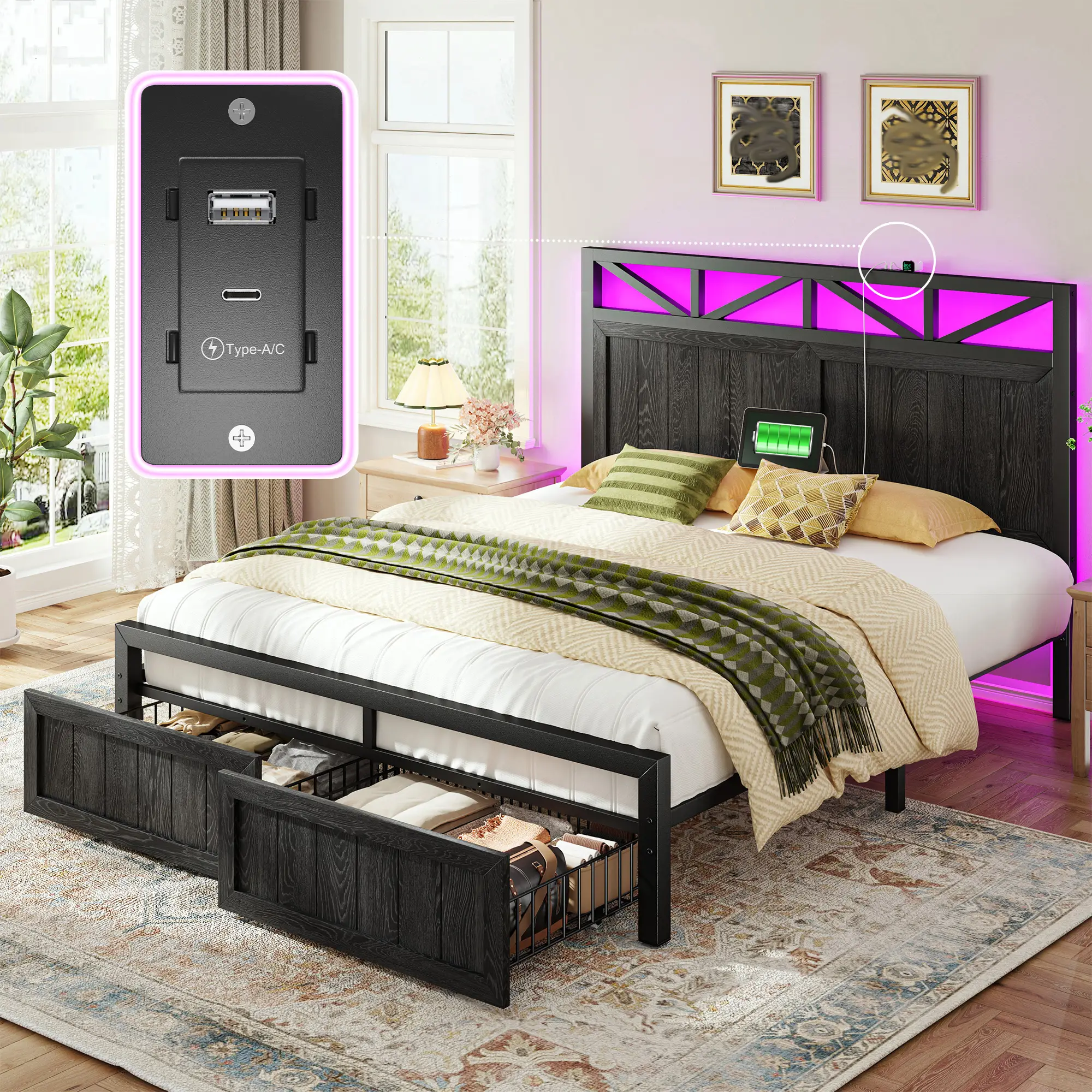 Raybee LED Bed Frame with Charging Station & 2 Drawers, No Mattress, Farm Style Full Queen King Size Bedframe with Headboard & 2 Wooden Drawers, Noise