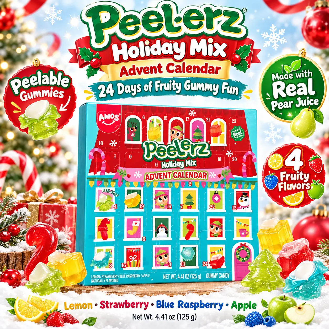 AMOS Peelerz Holiday Mix Advent Calendar, 24-Day Peelable Gummy Candy, 4 Fruity Flavors, Christmas Gift, 4.41 oz (125 g)