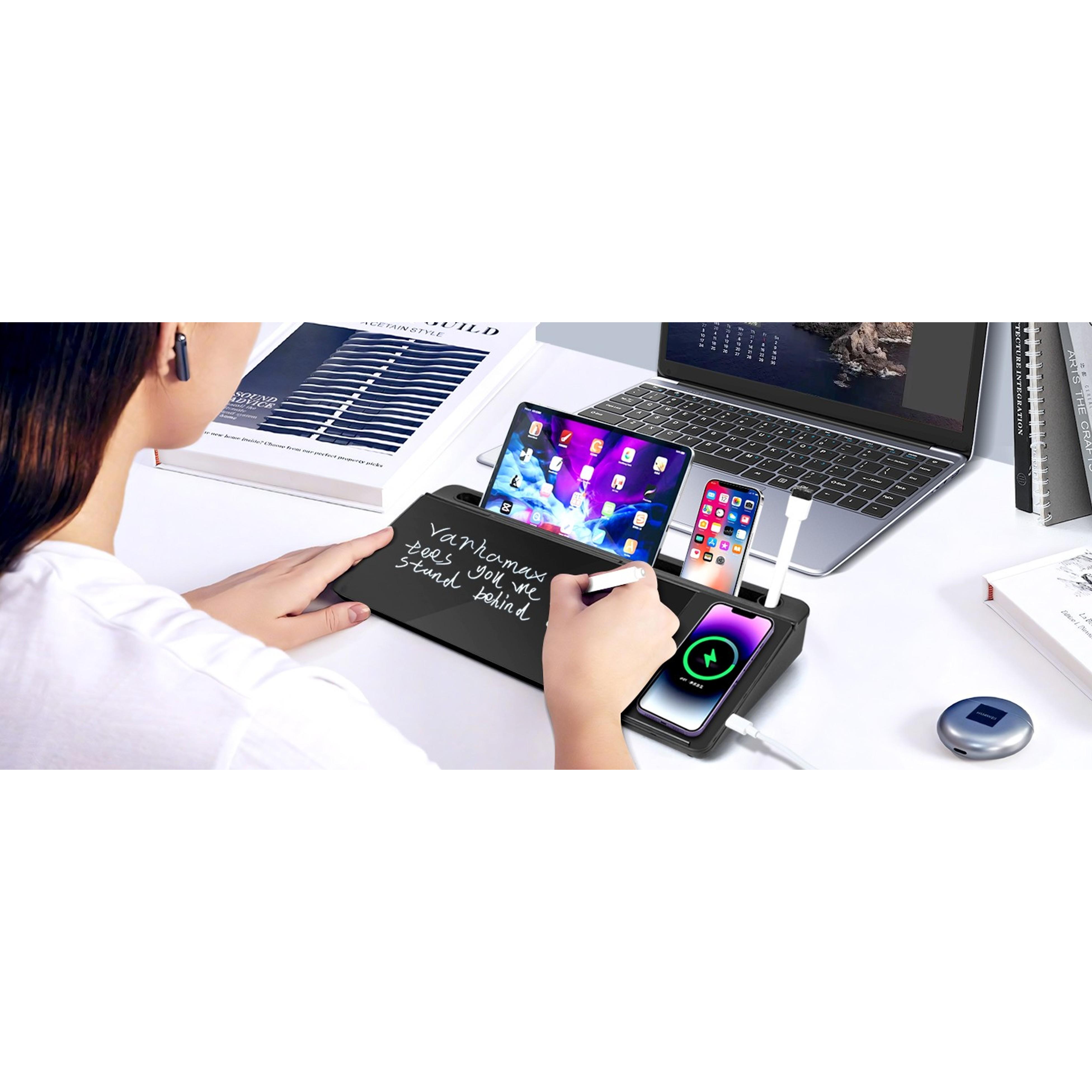 Modern Compact Glass Surface Dry Erase Desk Whiteboard (Black) with Wireless Charger, Desktop Storage, To Do List Memo Notepad for Office/Home Modern Compact Glass Surface Dry Erase Desk Whiteboard (Black) with Wireless Charger, Desktop Storage, To Do List Memo Notepad for Office/Home