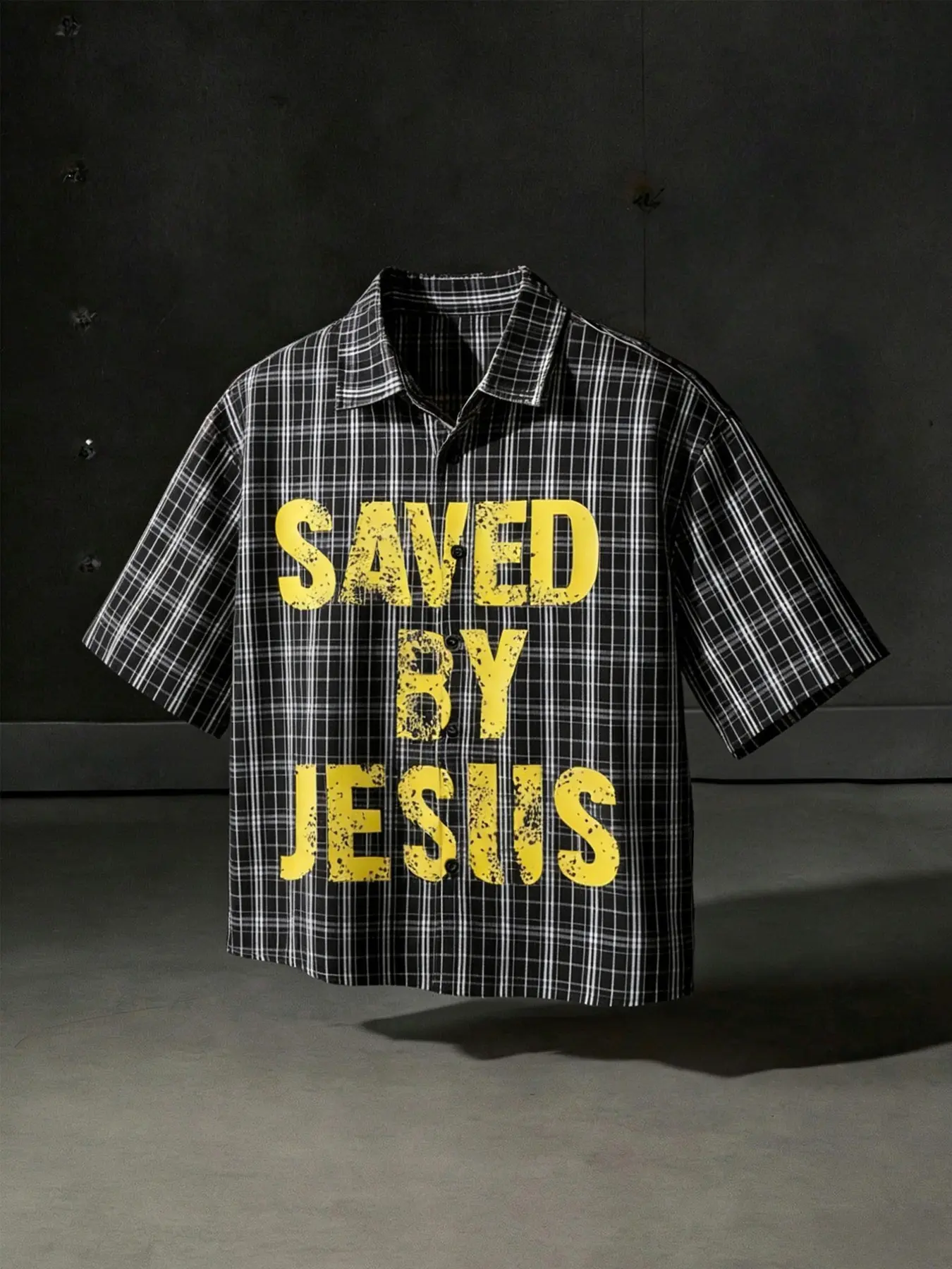 Men's Oversized Plaid Button-Up Shirt - "Saved By Jesus" Graphic Streetwear - Y2K Grunge Aesthetic Christian Faith Fashion Top for Summer
