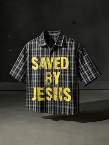 Bold "SAVED BY JESUS" Christian Statement Casual Style Shirt - Black & White Checkered Short Sleeve Button Down - Modern Faith-Based Gospel Merch & Casual Holiday Outfit