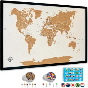 World Map Pin Board Large 30"x20" Framed | Cork Wall Map with Country Flags, Metallic & Colored Pins | World Travel Map with Pins |  Push Pin Map  for Travelers, Couples & Families.