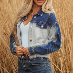 NewWomen’s Dusk Blue Color Block Patchwork Button Up Flap Detail Distress Denim Jacket