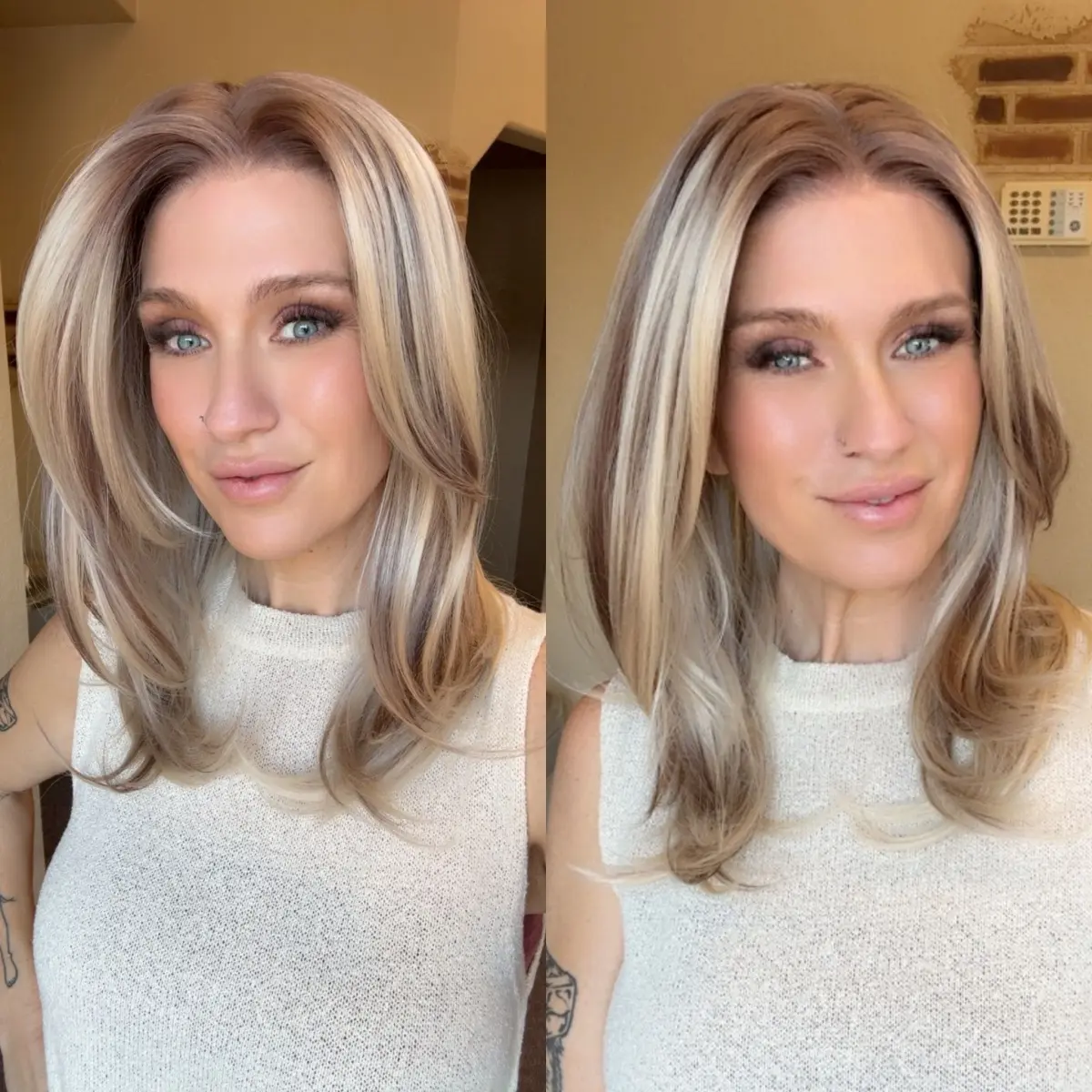 A67 by AISOM Bright Blonde Highlights 13x4 Free Part Lace Front Wig Layered Straight 17 Inches Heat Friendly Synthetic Wig for Women