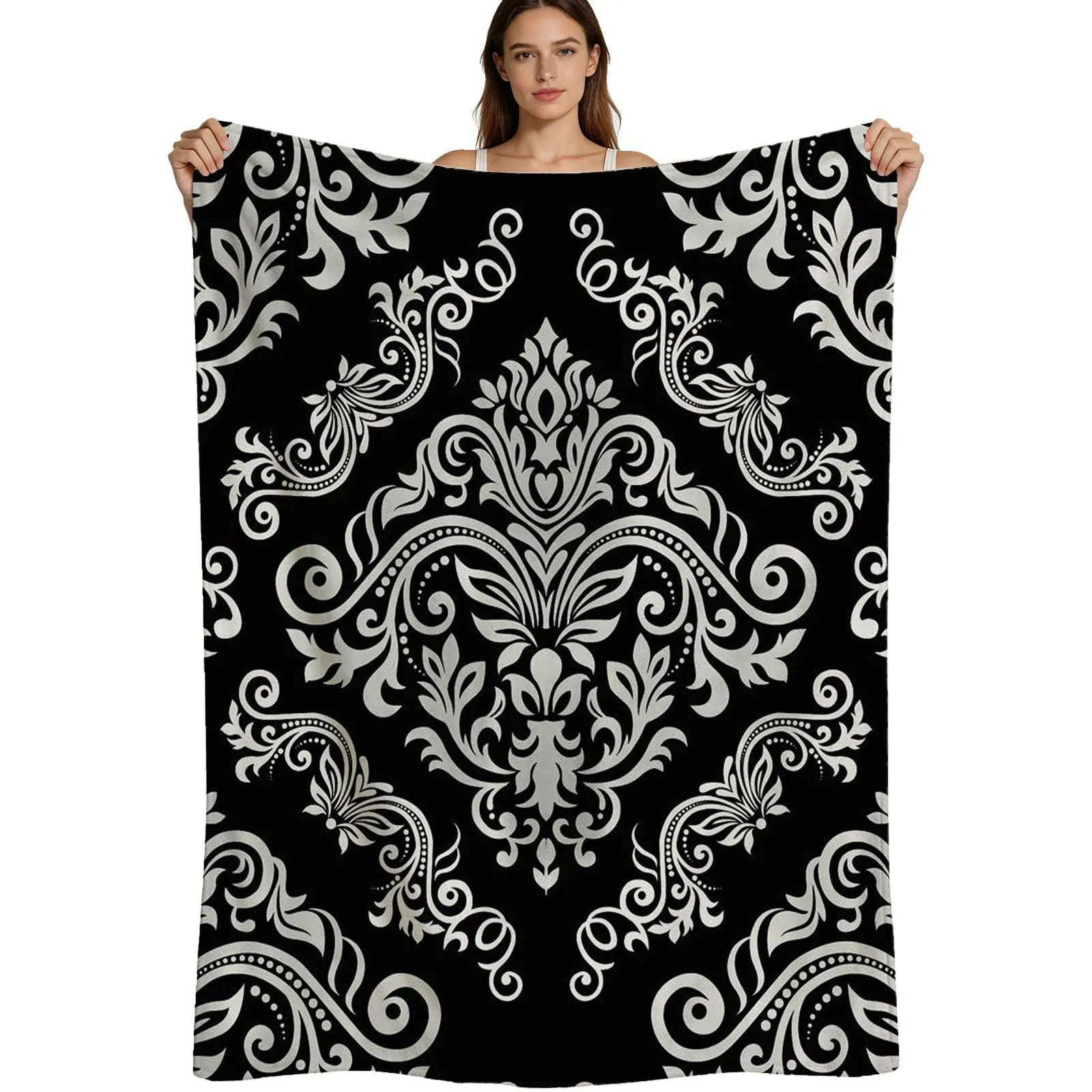 Luxury Baroque Style, Warm Flannel Blanket, Elegant White Damask Pattern On Black Background, Soft Plush Fabric With Intricate Scrollwork Design, Perfect For Bedroom Decor And Cozy Nights, 4 Sizes Available Single Pack