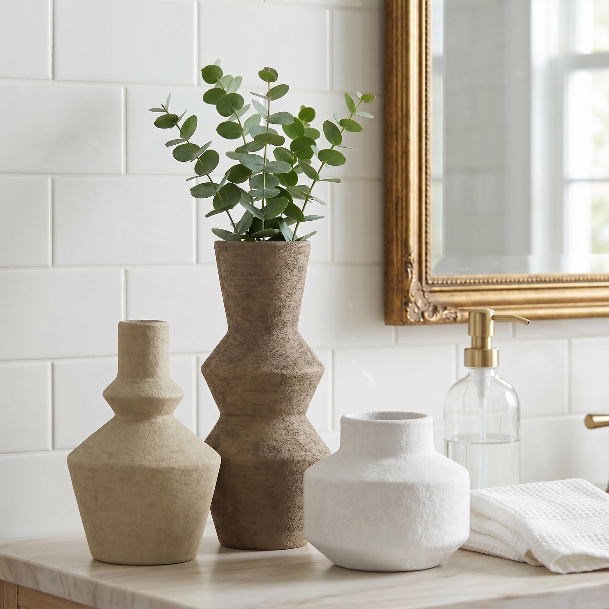 Ivydale Ceramic Vase Set of 3, Modern Rustic Flower Vases for Pampas Grass, Dried & Fresh Flowers, Farmhouse Home Decor Vase for Living Room Bedroom Kitchen Shelf Centerpiece, Classic