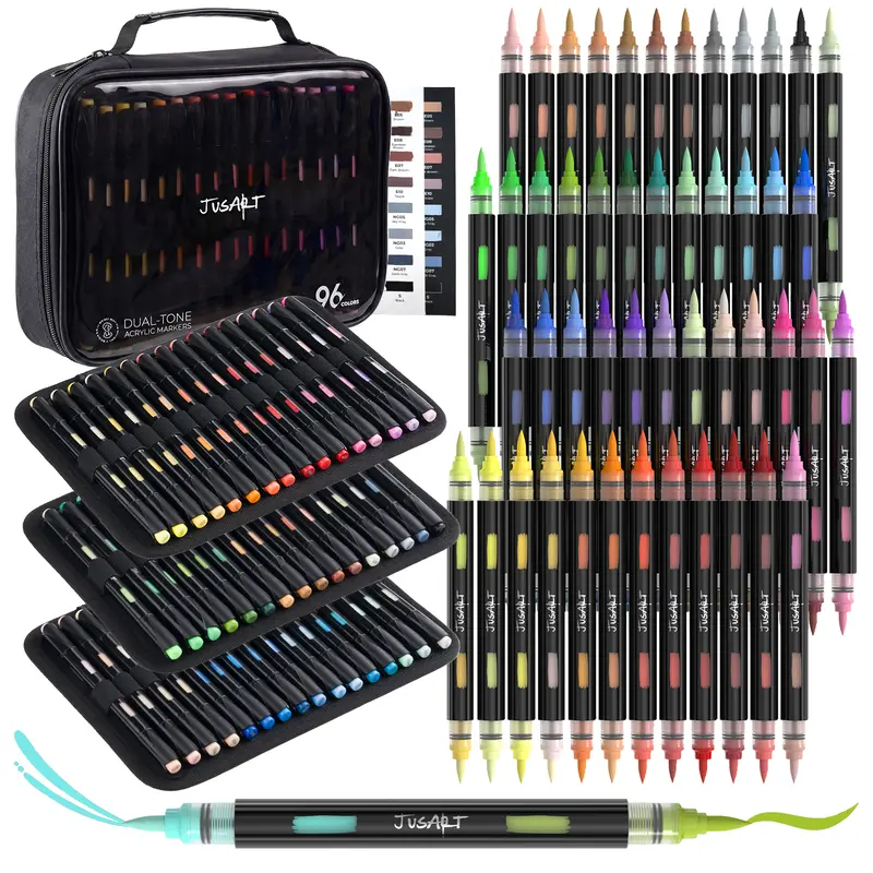 JusArt Dual-Tone Acrylic Paint Markers (96/72/48 Colors) - Double-Ended, Vibrant, Overlappable Alcohol-Based Ink Markers for Coloring, DIY Painting Supplies, Crafting Supplies for Artists