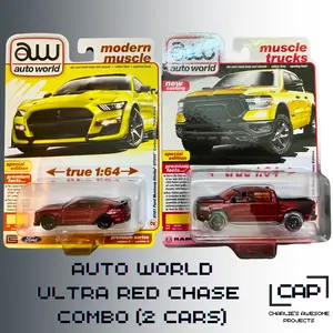 Auto World Ultra Red Chase - Ford Mustang & Dodge Ram Rebel Combo (x2 Cars) - Lot #12