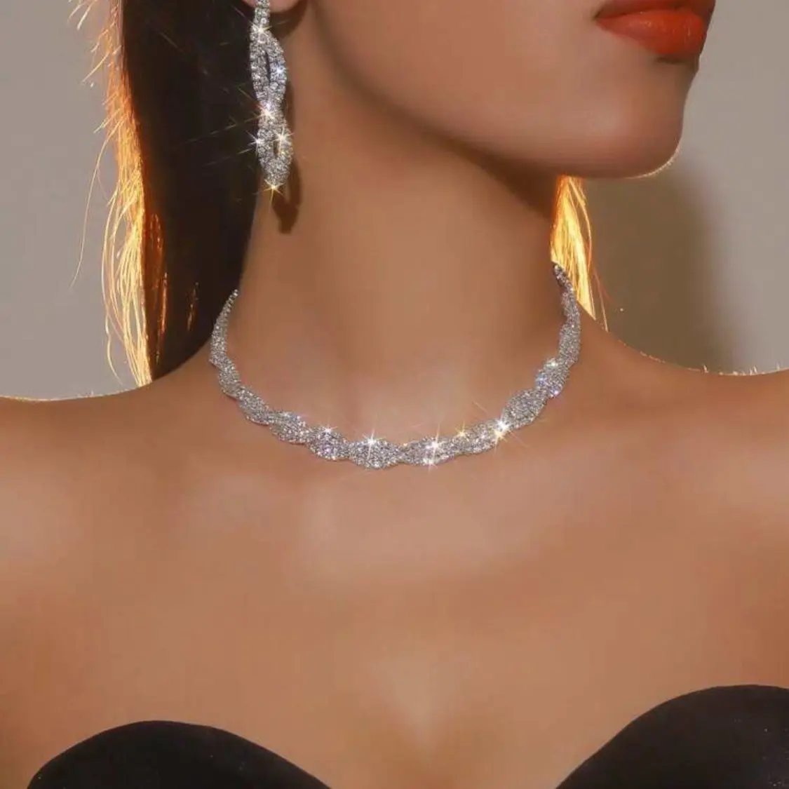 Gorgeous Retro Palace Twisted Crystal Rhinestone Necklace Earrings Set for Wife Wedding Anniversary, 3 In 1 Gift