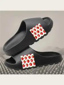Women's Summer Strawberry Print Slippers Non Slip Soft Sole Indoor Outdoor Sandals Breathable Lightweight Home Garden Beach Shoes for Ladies Girls Red Fruit Pattern Footwear