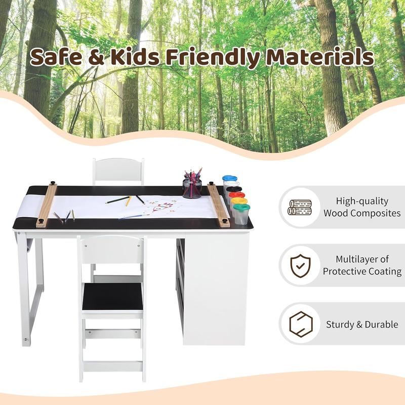 Kids Art Table and 2 Chairs,School Toddler Craft and Play Wood Activity Table with Storage Bins, Drawing Desk, Kids Activity Table and Study Table, Activity & Crafts for Children Wooden Furniture
