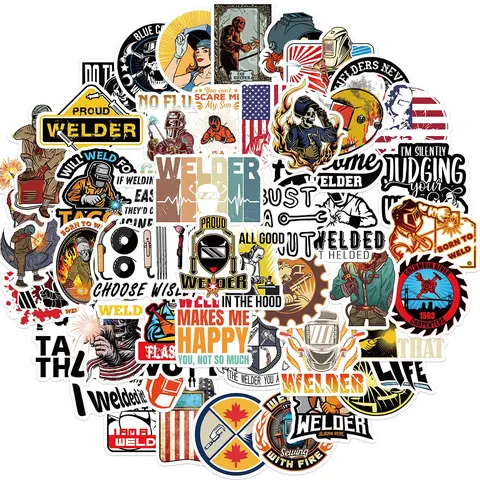 Welding Themed Sticker, 50pcs/set Round Welding Sticker, Funny Sticker for Helmet Welding Construction Worker Lineman Oilfield Electrician, Decorative Sticker Packs