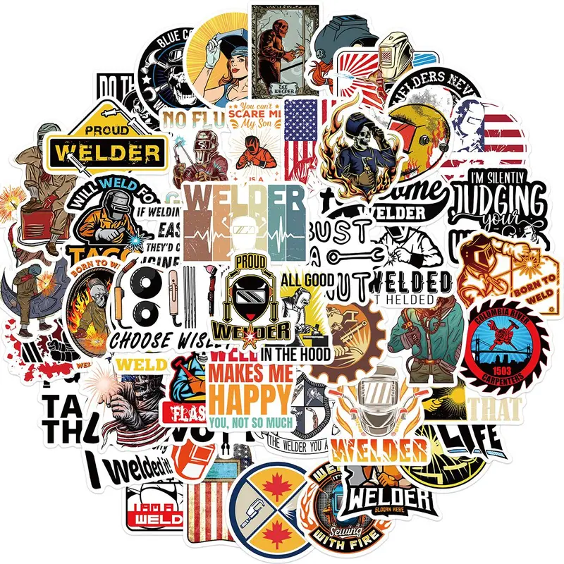 Welding Themed Sticker, 50pcs/set Round Welding Sticker, Funny Sticker for Helmet Welding Construction Worker Lineman Oilfield Electrician, Decorative Sticker Packs