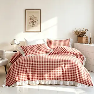 3pcs French Orange Pink Gingham Ruffle Bedding Set, 1 Duvet Cover + 2 Pillowcases No Insert, Invisible Zipper, Soft Breathable, All Season Use