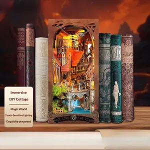 DIY Book Nook Kit with LED Lights, 3D Wooden Miniature Spirit Ring Valley Bookshelf Insert Decor, Handmade Bookend Model, Gift for Adults & Book Lovers