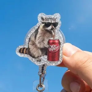 Raccoon Dr Pepper Badge Reel, Retractable ID Holder, Caffeine Humor Clip