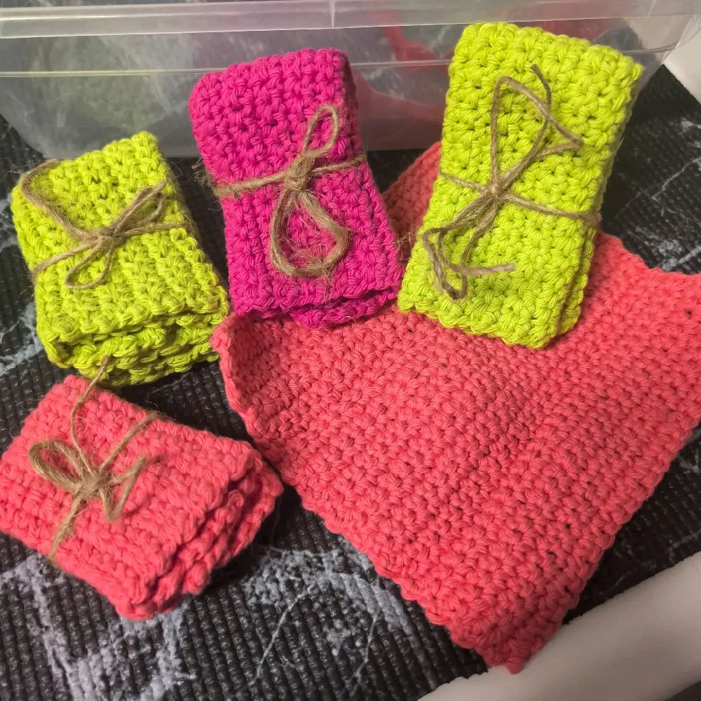 Crochet Dish Cloths - Colorful Handmade Kitchen Towels with Natural String Ties