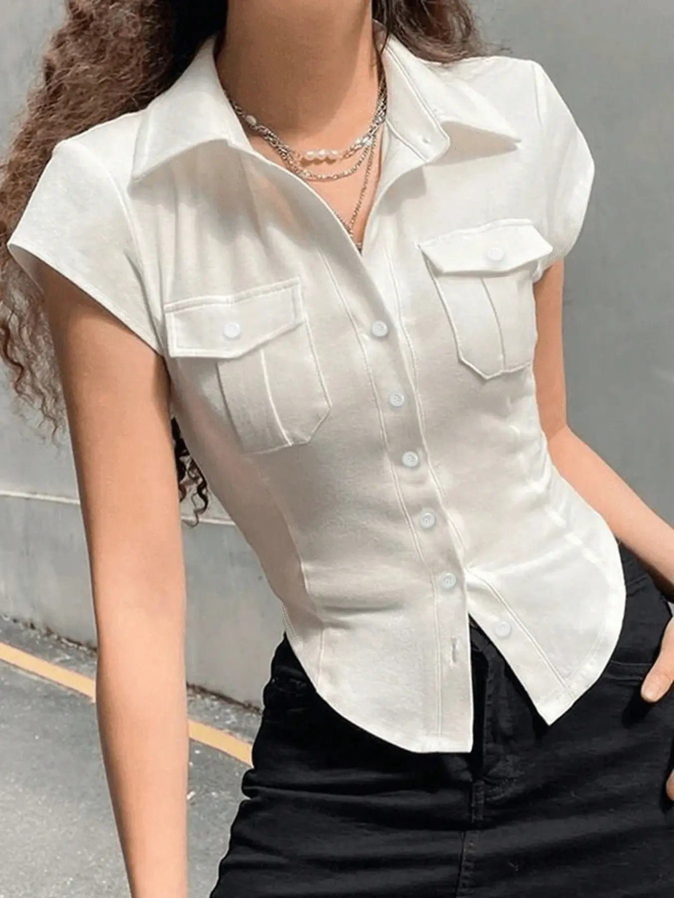 Pure Desire Waist Cinch Slimming Shirt Blouse, American Style Casual Hot Girl Collar Button Short Sleeve, Fashionable Bodycon Versatile Top