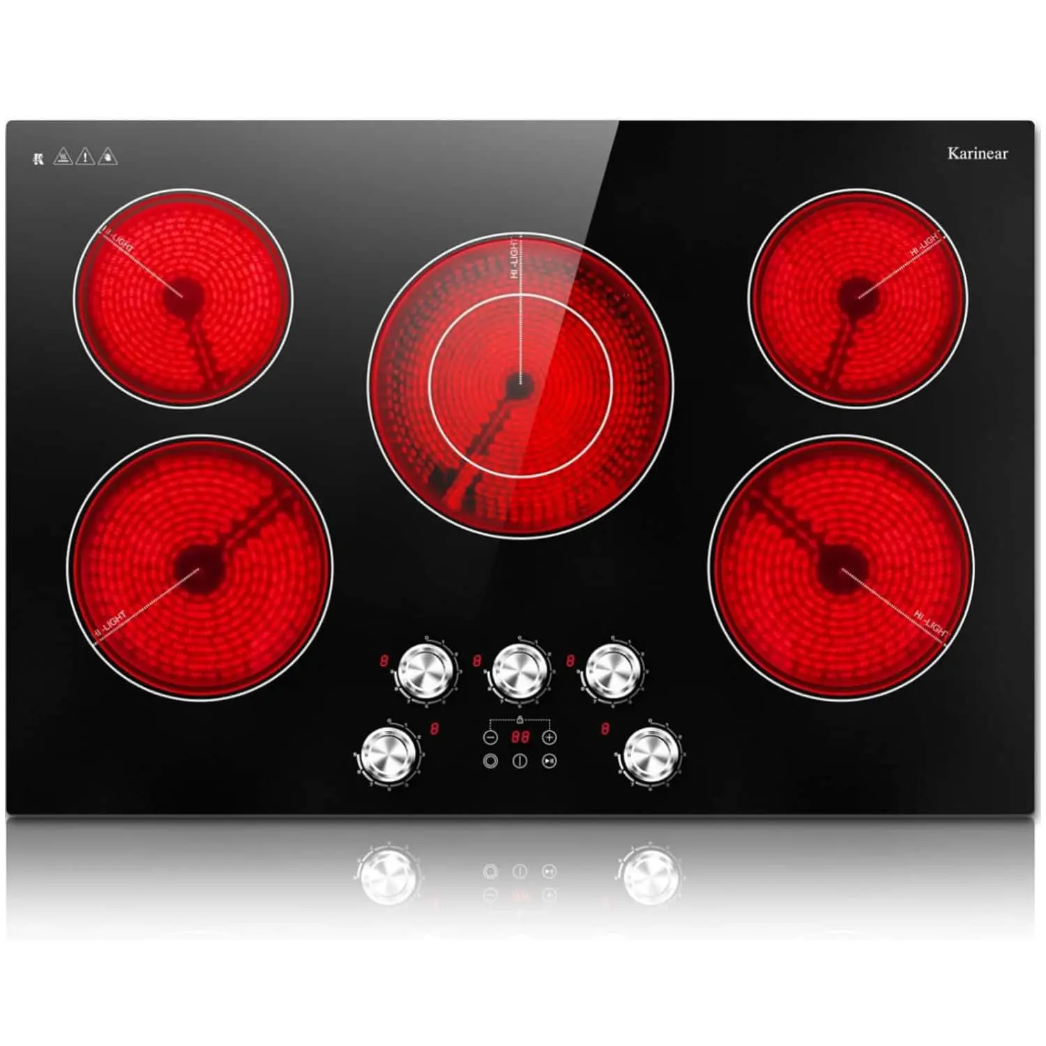 Karinear 30-Inch Built-In Induction Hob - 5-Burner, 8500W Power, 240V, Knob & Touch Control, 9 Power Levels, Timer, Child Lock, Pause, Residual Heat Indicator, Automatic, Black Knob & Glass Surface, 29.13”x19.3”x3.07”, Kitchen Appliance with Scraper