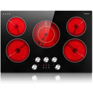 Karinear Electric Cooktop 30 Inch, 5 Burner Radiant Cooktop with Knob & Touch Control, 8500W 240V Built-in Stove Top, 9 Power Levels, Timer, Child Lock, Pause, Residual Heat Indicator(Black Knob)