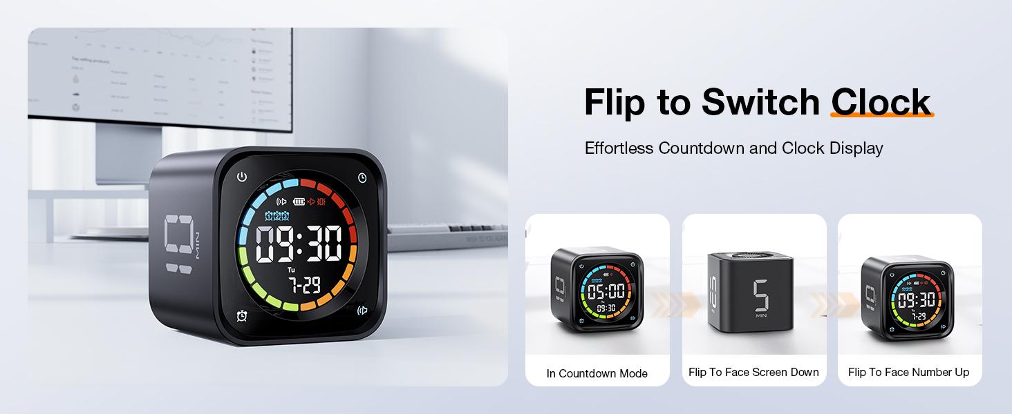 TK3 Pomodoro Timer Cube, Desk Productivity Timer with 5/10/30/60 Min Presets, Custom Countdown, Stopwatch, Clock, 3 Alarm, Silent, Vibrate & Sound Alert, for Task, ADHD, Study, Kitchen, Black