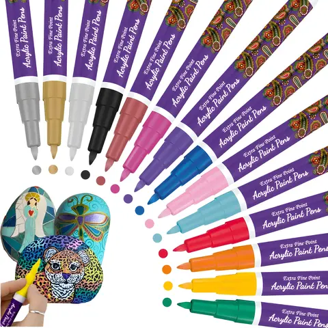 Acrylic Paint Markers 14 Colors, 0.7mm Extra Fine Tip Paint Pens for Rock Painting, Wood, Glass, Ceramic, Fabric, Metal, Canvas, Water-Based Non-Toxic Odorless Art Marker Set for Kids and Adults